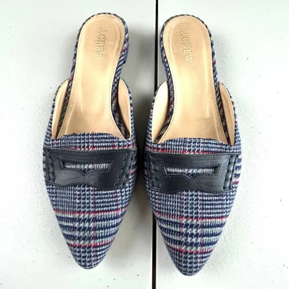 J. Crew Plaid Tweed Slip On Pointed Toe Cloth and Leather Flats Sz 6.5 MSRP $198